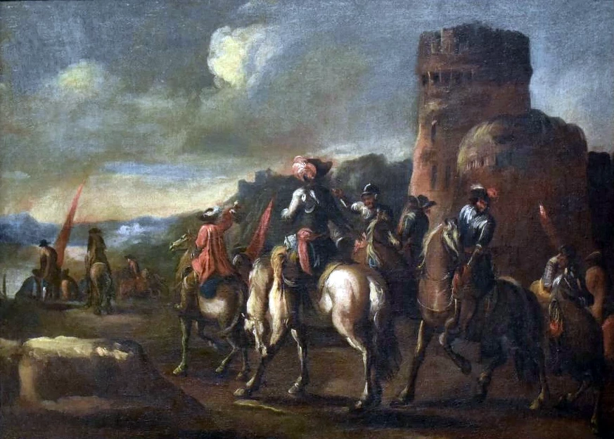 Soldati a cavallo su fondo paesistico